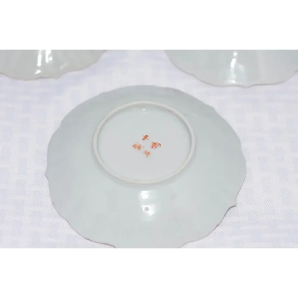 3 - Kutani Japanese Birds Egg Shell Scalloped Porcelain Dessert Plates